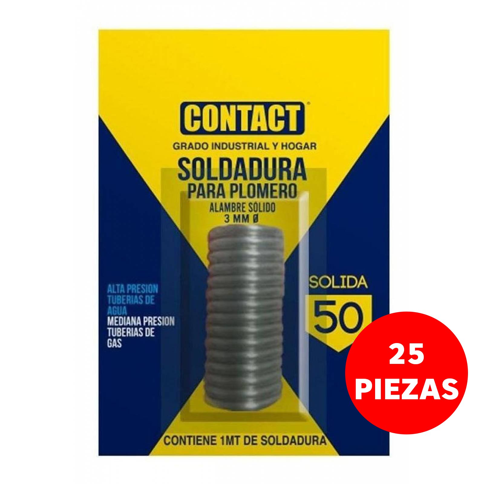 SOLDADURA CONTACT AMARILLA DE 1 MT 50-50 SÓLIDA VITROLERO 25pzs
